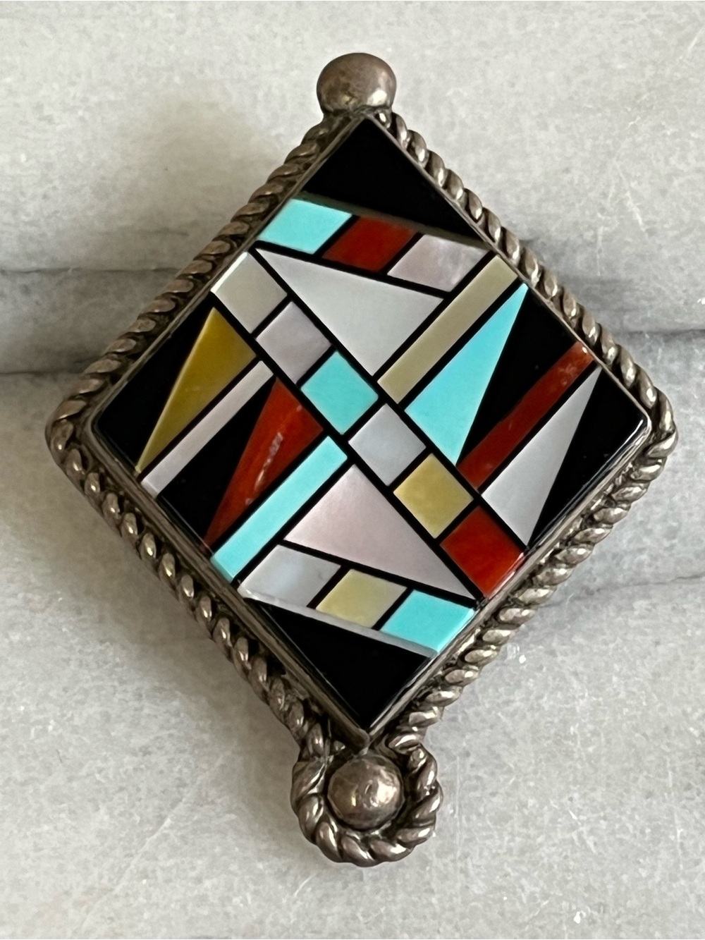 VTG Signed Zuni Sterling Silver Mosaic Brooch Pendant Turquoise Coral Onyx